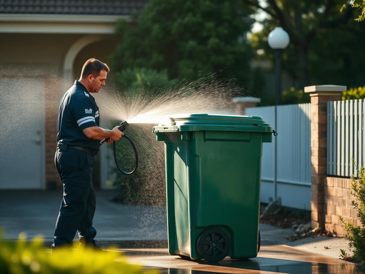 Technician cleaning wheelie bin